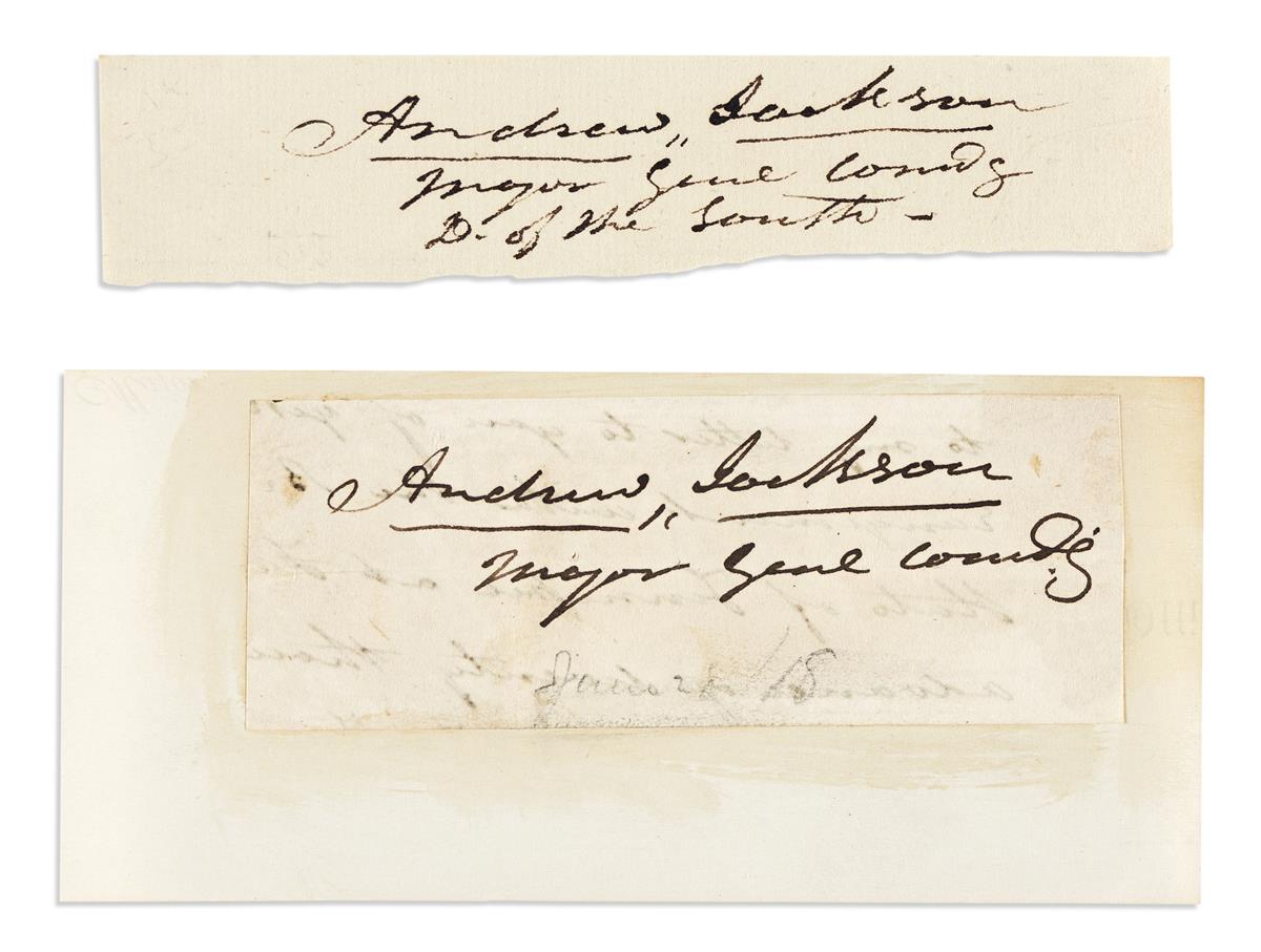 JACKSON, ANDREW. Two clipped Signatures with rank, each on a small slip of paper: Andrew Jackson / Major Genl Comdg.